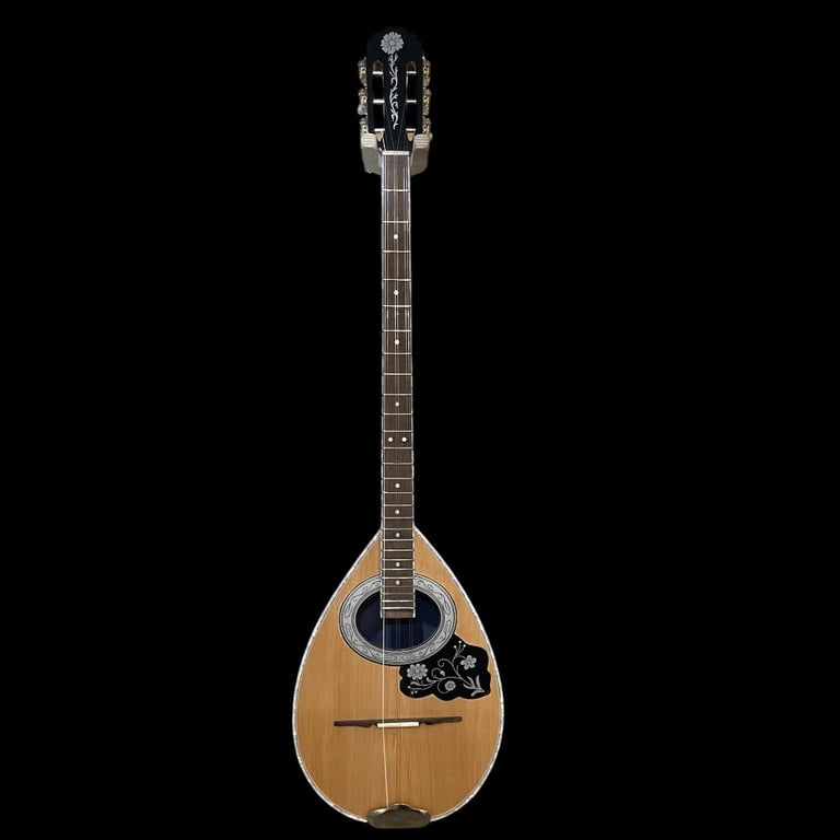 Greek bouzouki with wooden teardrop body, long neck, and tuning pegs against black background