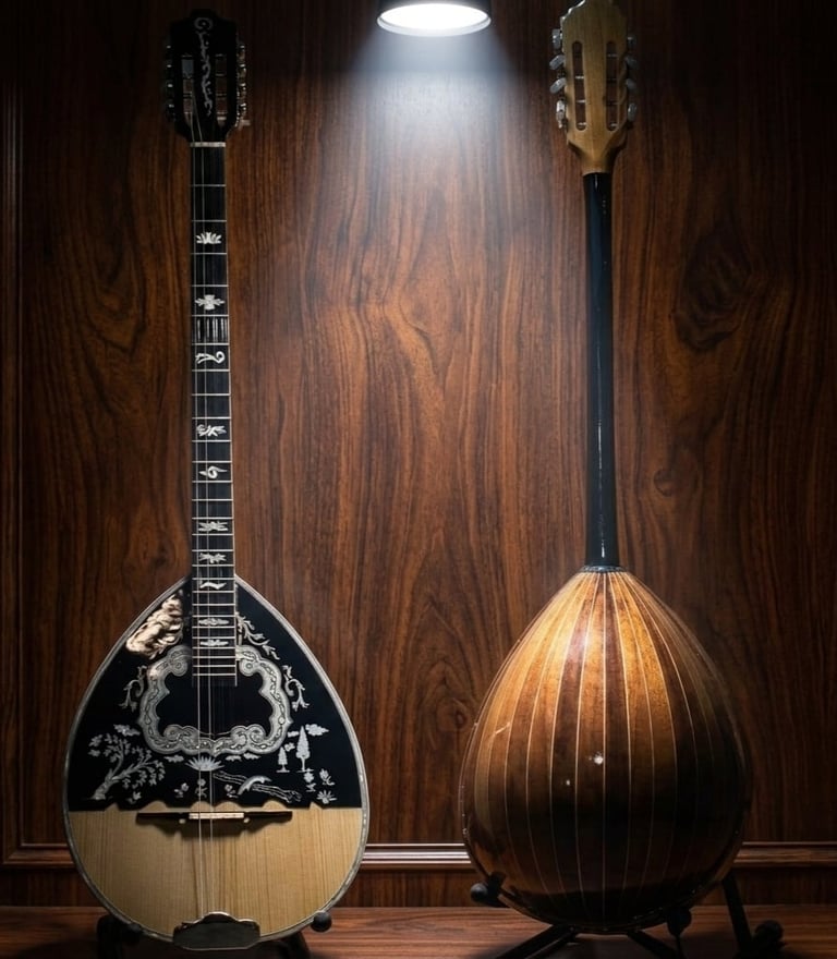 Two mandolins displayed on wooden background under spotlight - one with ornate black and cream design, one teardrop-shaped in brown wood
