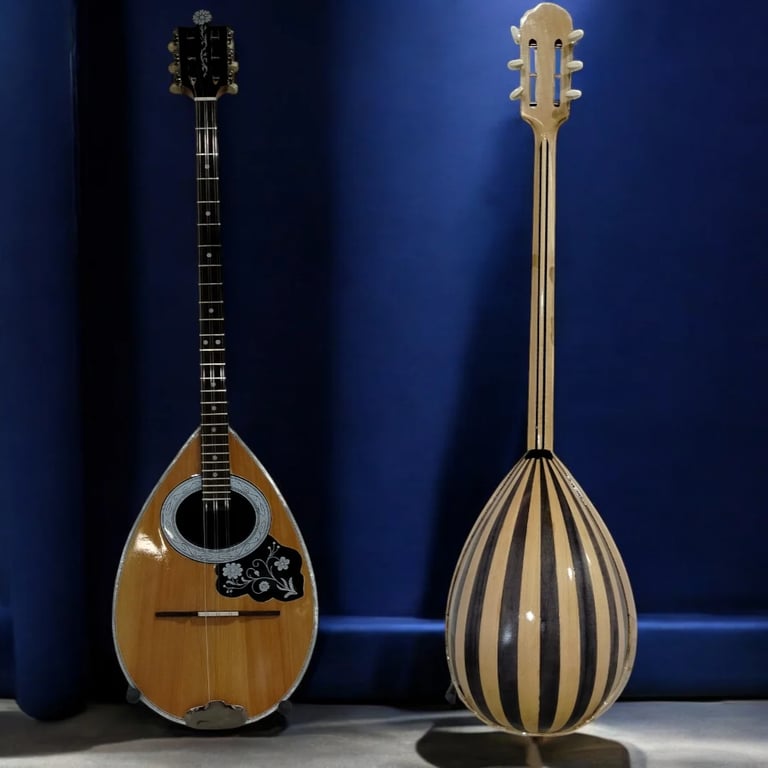Two mandolins displayed against a blue background, showing front and back views of the teardrop-shaped instruments