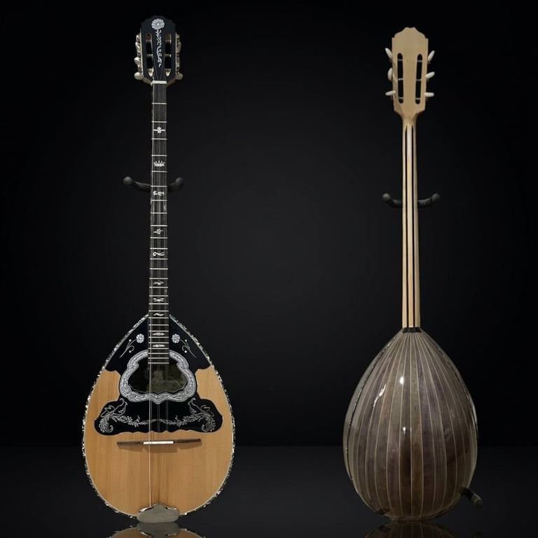 Front and back view of a Greek bouzouki with wooden teardrop-shaped body and long fretted neck against black background