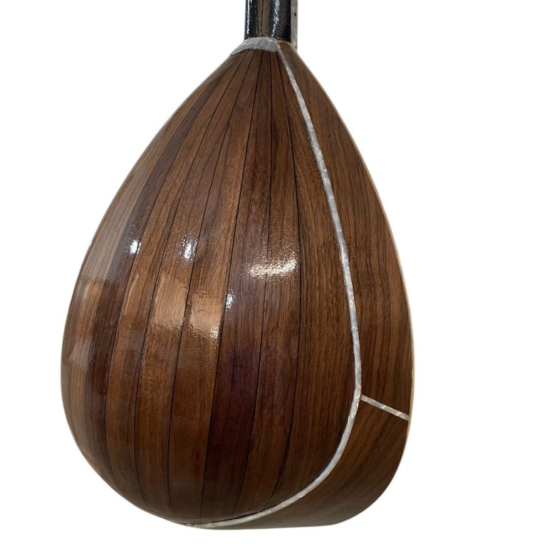 Teardrop-shaped wooden pendant lamp with brown wood grain finish and vertical ribbed texture