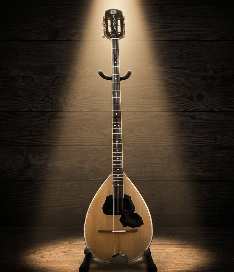 Greek bouzouki stringed instrument with pear-shaped wooden body displayed against dark wood background with dramatic spotlight lighting