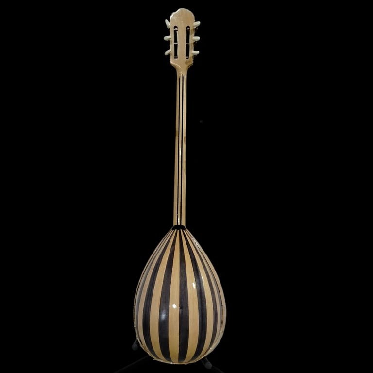 Teardrop-shaped Greek bouzouki with striped wooden body and long neck on black background