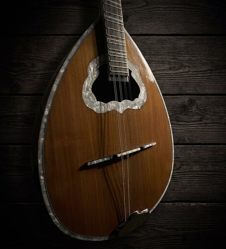 A wooden mandolin with a teardrop-shaped body and oval sound hole displayed against a dark wooden background.