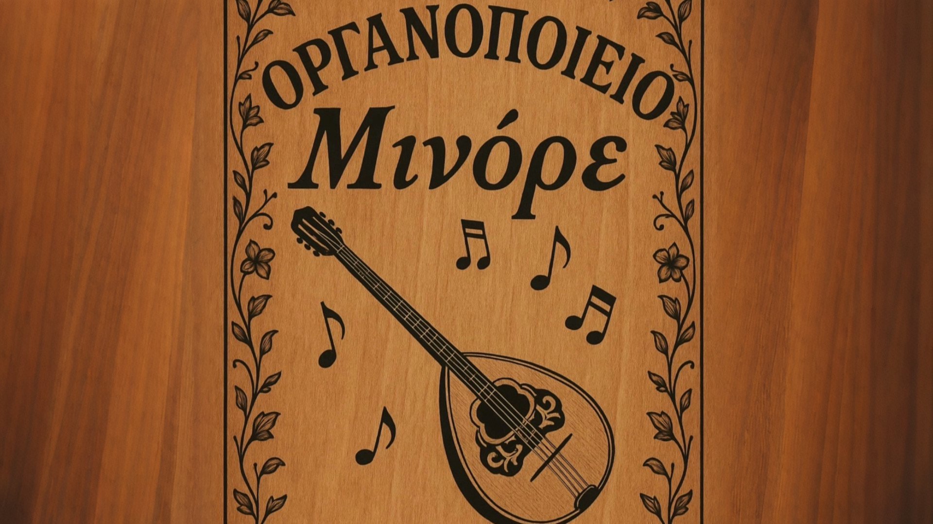 Ξύλινη πινακίδα με ελληνικό κείμενο και διακοσμητικό μπουζούκι με μουσικές νότες σε ζεστό ξύλινο φόντο