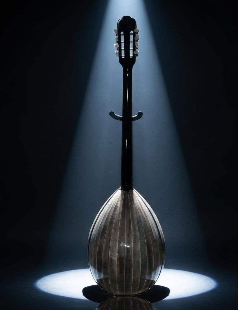Silhouette of a bouzouki musical instrument illuminated by dramatic blue spotlighting against a dark background